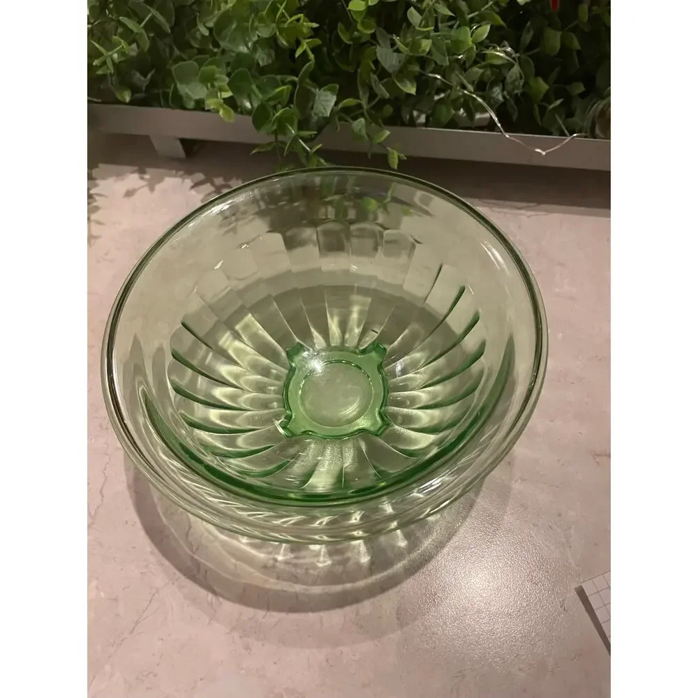 Vintage Hazel Atlas Ribbed Green Uranium Small bowl c1930 MCM 6.5x3” Glows
